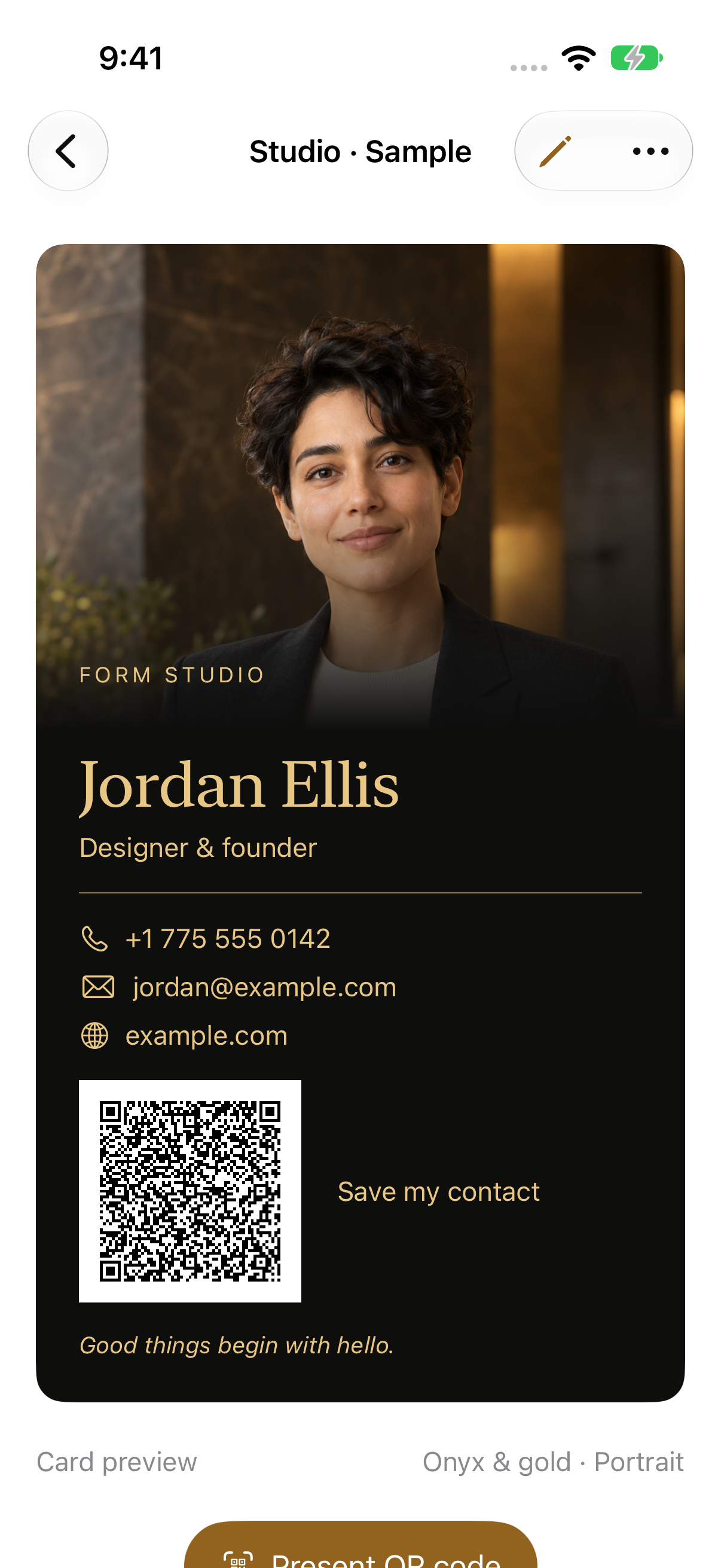 briefly Contact card detail screen showing the synthetic Jordan Ellis sample card